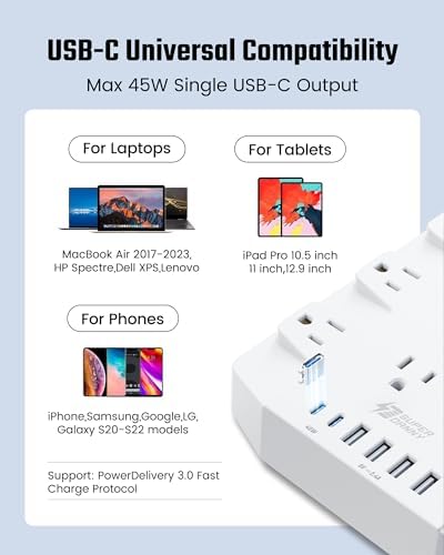 SUPERDANNY 22-Outlet Surge Protector Power Strip with 6.5 Ft Cord, 2 USB-C & 4 USB Ports – High-Capacity 1875 W/15 A with 2100 J Surge Protection for Home, Office, and Dorm Use – Wall Mount Design for Space-Saving Convenience