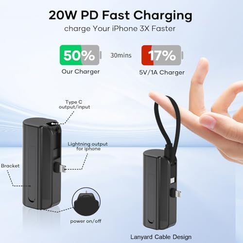 Ultra-Compact 5000 m Ah Mini Portable Charger for i Phone 14, 13, 12, 11, XR, XS, X, 8, 7, 6 | MFi Certified 20 W PD Fast Charging Power Bank | Lightweight & Stylish 2-Pack (Black) for On-the-Go Convenience – Rapid Power Solution for Your Mobile Lifestyle