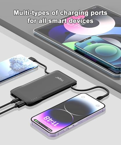 Ultra-Slim 10,000 m Ah TG90° Portable Power Bank with Built-in Lightning and USB-C Cables – Fast Charging, Lightweight Battery Backup for i Phone and Android Devices – Essential On-the-Go Charger for Busy Lifestyles