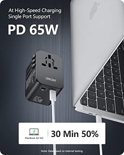 LENCENT 70 W Universal Travel Adapter – High-Efficiency Ga N Fast Charger with Triple PD3.0 Type-C Ports & Dual QC USB-A Outlets for Global Power Needs – Compact Power Converter Compatible with EU, USA, UK, AU Devices – Perfect for Laptops, Phones & Tablets on the Go