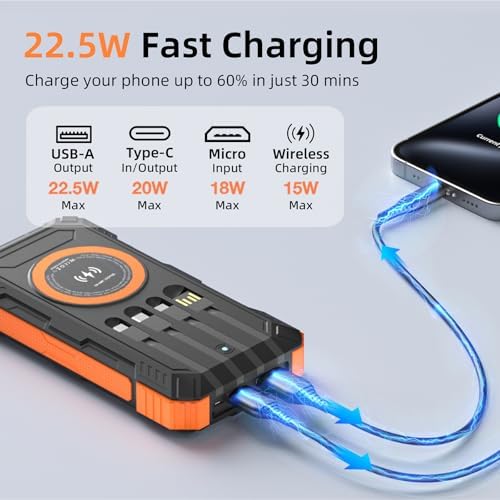 Ultimate 49800 m Ah Solar Power Bank – Wireless Fast Charger with 22.5 W QC3.0, Multi-Device Capability, Built-In Cables & Emergency LED Flashlight – Ideal Outdoor Companion for Smartphones and Tablets, Durable & Waterproof Design for Adventurers