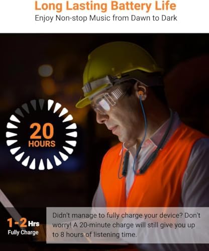 Transform Your Listening Experience with Home Spot Wireless Neckband Headphones – OSHA-Compliant Noise Isolation with Qualcomm apt X HD, 27 d B NRR, and CVC Microphone for Clear Communication – 20-Hour Battery Life and Ergonomically Designed Blue and Orange Earbuds for Comfort and Style