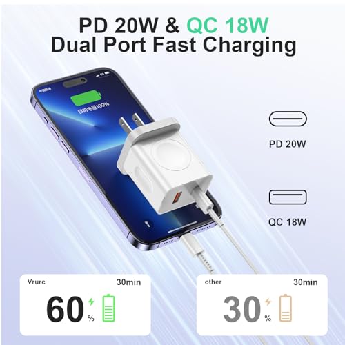 20 W PD 3-in-1 Fast Charger for Apple Watch, i Phone & Air Pods – Magnetic Wireless Charging Station with Dual USB Ports – Compact USB-C Wall Charger for Ultimate Portability and Enhanced Device Compatibility
