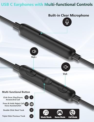 Ultimate USB C Earbuds for i Phone 16 & Android Devices – Advanced Noise-Canceling Wired Headphones with Integrated Mic and In-Line Volume Control – Universal Compatibility for i Pad 10, Samsung Galaxy Z Flip 7, Pixel 9 – Experience Unmatched Sound Precision and All-Day Comfort for Music and Calls