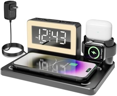Revolutionize Your Charging Routine with the 7-in-1 Wireless Fast Charging Station – All-in-One Alarm Clock Dock for i Phone, Samsung Galaxy, Apple Watch & Air Pods – Enhanced Speed, Sleek Design, and Safety Features for Ultimate Convenience
