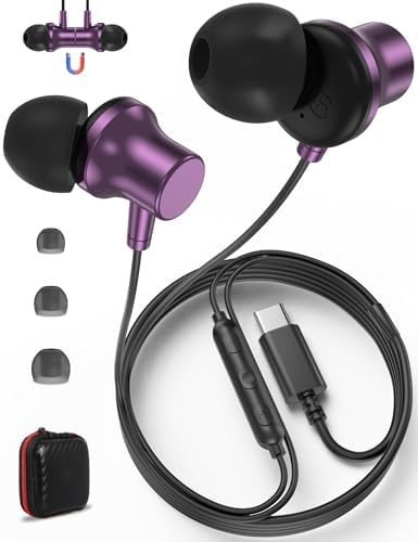 Elevate Your Audio Experience with Jiunai USB C Earbuds for i Phone 16 – Premium Noise Isolation In-Ear Headphones with Built-in Microphone and Volume Control – Customizable Fit with S/M/L Ear Tips – Magnetic Design for Easy Portability – Stylish Vibrant Purple – Perfectly Compatible with i Pad Pro and Air for Music Lovers on the Go