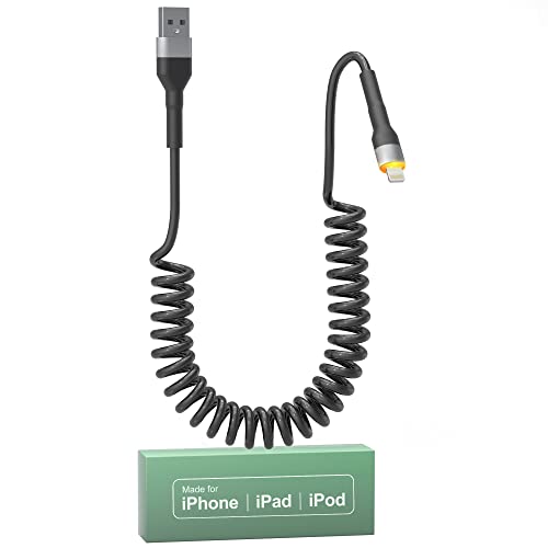 Versatile Coiled 2-in-1 USB to USB C and Lightning Charging Cable – MFi Certified for i Phone 15/16, Supports Fast 3 A Charging for i Phone and Galaxy Devices, Ideal for Apple Car Play & Android Auto, Durable & Tangle-Free Design for Home, Office, and Travel Use
