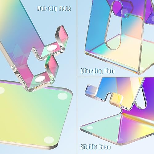 Tomorotec Adjustable Angle Acrylic Cell Phone Stand for Desk, Foldable Acrylic Phone Holder Cute for Office, Portable Non-Slip Desktop Smartphone Holder, Fit for iPhone Samsung Galaxy (Iridescent) – Enhanced Compatibility and Speed