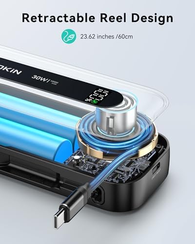 Ultra-Fast 30 W Retractable Portable Charger – 10,000 m Ah Power Bank with Built-In Cables for i Phone, i Pad & Samsung – Airline-Approved Travel Powerbank with Smart Display & Detachable Strap for Ultimate Convenience