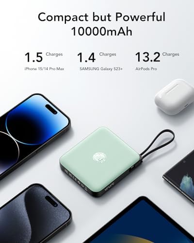 VRURC 10,000 m Ah USB C Portable Charger – Fast Charging Power Bank with Built-in Cable for i Phone 16/15/14, Galaxy S23/S22, Google Pixel & More – Lightweight Green Design for Ultimate Mobility and Reliability