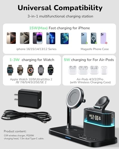 Ultimate 5-in-1 Wireless Charging Station with Alarm Clock and Night Light – Sleek Mag-Safe Dock for i Phone 16/15/14/13/12, Apple Watch & Air Pods – Fast Charging & Space-Saving Design for Nightstand Organization