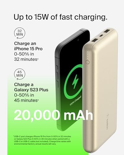 Belkin 20000 m Ah USB-C Power Bank – Dual USB-A Ports, Fast 15 W Charging for i Phone 16/15 Plus, Samsung Galaxy S25, Pixel, i Pad, Nintendo Switch 2 – Travel-Friendly Design in Pearl Blue for Enhanced Device Compatibility and On-the-Go Power
