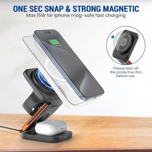 Revolutionary 3-in-1 Foldable Wireless Charging Station for i Phone 16/15/14/13/12 Pro/Max, Air Pods, and Apple Watch – Magnetic Mag Safe Charger with Fast Charging, Ideal for Travel and Minimalist Desks, Streamline Your Charging Experience Today