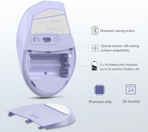 TECKNET Bluetooth Wireless Mouse – Ergonomic 4800 DPI Precision with 6 Adjustable Settings, Long-Lasting 2-Year Battery, and 6 Functional Buttons for Laptops & Windows – Sleek Grey Design for Enhanced Comfort and Productivity