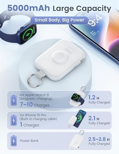 Compact RORRY 5000 m Ah Portable Charger Power Bank with Integrated Cables – Sleek Keychain Battery Pack for i Phone 16/15/14/13/12 and Apple Watch Ultra Series, Ultimate Travel Companion with Fast Charging and Modern Design