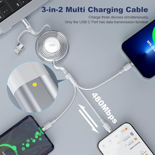 Ultra-Fast 100 W Retractable Multi-Device Charging Cable – 6-in-1 Compact Travel Charger for i Phone 15, i Pad Pro 2024, and More – Versatile USB C, Lightning & Micro USB Ports with 4 FT Flexibility – Sleek Black Design for Tangle-Free Convenience and Enhanced Compatibility