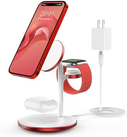 Ultimate 3-in-1 Wireless Charging Station for Apple Devices – Fast 15 W Mag-Safe Charger Stand with 20 W Adapter for i Phone 15/14/13/12 Pro Max/Plus/Mini, Apple Watch Ultra Series 1,2 & Air Pods – Streamlined Design for Enhanced Compatibility & Speed