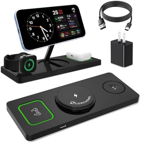 3-in-1 Wireless Charging Station for i Phone, Apple Watch & Air Pods – Fast Charge Capability for i Phone 15/14/13/12 Pro/Max/Mini/Plus, Compatible with Apple Watch 8/7/6/SE/5/4/3/2 & Air Pods 3/2/Pro – Sleek Black Design with Adapter for Effortless Device Management