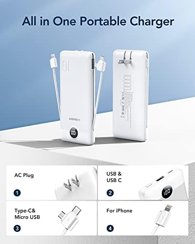 VEGER Ultra-Slim 10,000 m Ah Portable Charger with Built-in Cables and Integrated Wall Plug – Fast Charging Power Bank for i Phone, i Pad, Samsung, and More – Essential Travel Battery Pack for On-the-Go Charging and Enhanced Device Compatibility
