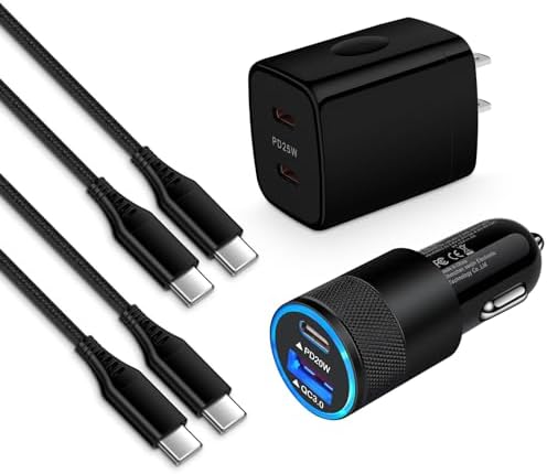 Samsung Dual Port Fast Charger Block with 25 W Wall Adapter & 38 W USB C Car Cigarette Charger – Compatible with Galaxy A Series, S24, S23, A35, A15, A55, A25 – Includes 3 FT & 6 FT Type C Charging Cables for Ultimate Convenience and Enhanced Efficiency
