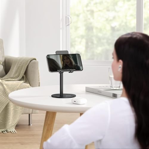 Cell Phone Stand, OMOTON Angle Height Adjustable Phone Holder, Aluminum Desktop Phone Holder Dock Stand for Desk, Compatible with iPhone 13/Mini/Pro/Max, All Smartphones and Tablets(4-11”),Black – Enhanced Compatibility and Speed