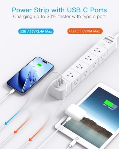 15 ft Heavy-Duty Extension Cord with Surge Protection | 8 AC Outlets & 3 Fast USB Ports | Flat Plug Wall Mount Power Strip for Home & Office | ETL Certified Charging Station for Safe, Efficient Device Management