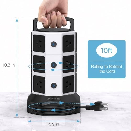 JACKYLED Power Strip Tower Surge Protector with 12 Outlets and 6 USB Ports (2 USB-C) – High-Speed Charging Station with 1050 Joules Protection, 1625 Watts, 6.5 ft Extension Cord for Enhanced Home Office Efficiency and Device Safety
