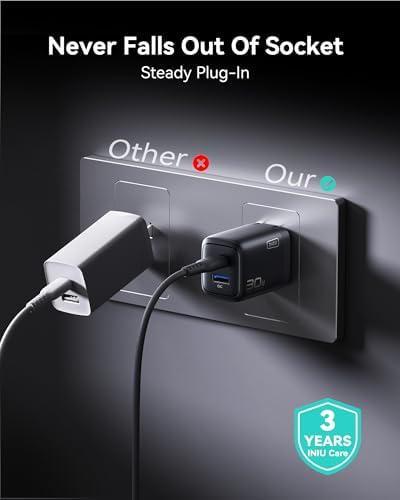 INIU 30 W Dual Port USB C Charger with 5 ft Cable – Fast Charging Block for i Phone 16/15/14/13 Pro Max & Samsung S23/S22 – Compact Foldable Design for Ultimate Portability & Enhanced Device Compatibility