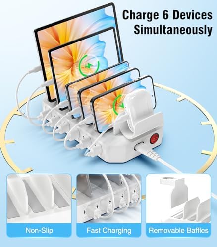 Ultimate 2025 6 Port Fast Charging Station – Multi-Device USB Dock with Safety Certification, 6 Cables & 2 Stands for Smartphones, Tablets, Kindles, Smartwatches – Streamlined Power Hub for Home, Office, and Travel