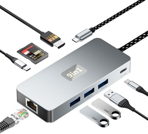Maximize Your Workspace with Our Sleek 9-in-1 USB C Hub – Experience 4 K@60 Hz HDMI, Stable Gigabit Ethernet, 3 Ultra-Fast USB 3.0 Ports, and Convenient SD/TF Card Reader for Mac Book Pro, Air, HP XPS & More – Efficient 100 W Power Delivery, Compact & Portable for Seamless Setup and Enhanced Productivity