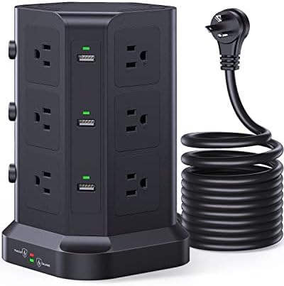 KOOSLA Power Strip Tower – 12 AC Outlets & 6 High-Speed USB Ports with 15 A Surge Protection – 6.5 ft Heavy-Duty Extension Cord for Home Office & Dorm Room – Compact Design for Efficient Power Distribution – Versatile Charging Station for Multiple Devices