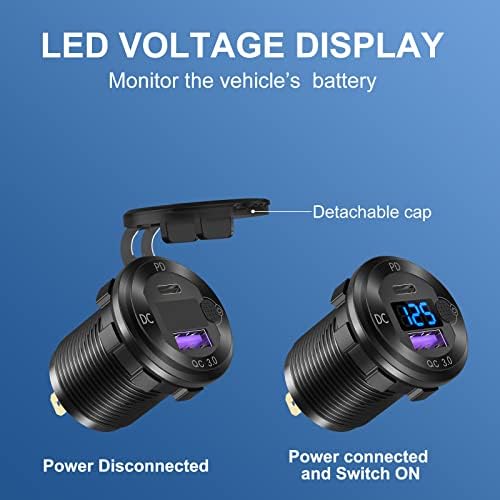 High-Performance 12 V USB C Car Charger Socket – 38 W Waterproof Adapter with PD 3.0 & QC 3.0 for Rapid Device Charging in Cars, Trucks, RVs, and Marine – Features Integrated Power Switch & Voltmeter for Battery Health Monitoring