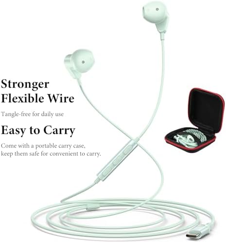 APETOO Mint Green USB Type C Earphones – Premium Hi-Fi Stereo Wired Earbuds for i Phone 16/15 Pro Max, i Pad A16, Samsung Galaxy S24/S23/S22/S21 FE, Google Pixel, One Plus – Built-in Microphone & Volume Control for Ultimate Audio Experience