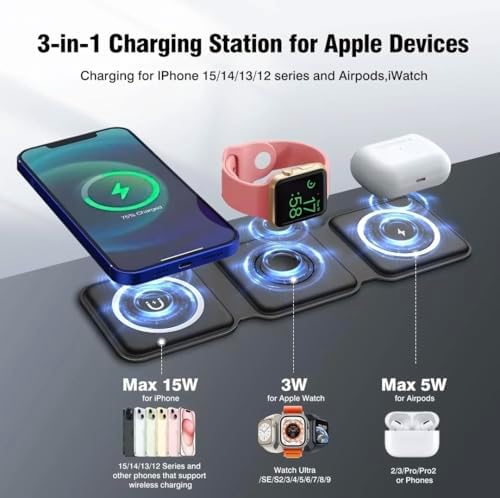 Revolutionize Your Charging Routine with the 3-in-1 Magnetic Wireless Charger Dock for Apple Devices – Portable Foldable Design for Fast Charging i Phone 12-16, Apple Watch & Air Pods – Sleek Black Finish for Home & Travel Convenience – Ultimate Multi-Device Charging Solution