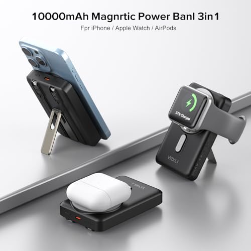 Ultimate 3-in-1 Magnetic Wireless Power Bank: 10,000 m Ah Fast Charging Battery Pack with Built-in USB-C & i OS Cable, Compact Design with Stand – Perfectly Compatible with i Phone 16/15/14/13/12/Pro/Mini/Pro Max for Effortless On-the-Go Charging