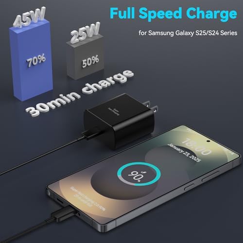 45 W Super Fast USB-C Charger with 6.6 ft Cable – Ultra-Fast Charging Adapter for Samsung Galaxy S24/S23/S22/S21/Note 20 – Stylish Deep Purple & Blue Design for Enhanced Device Performance and Safety