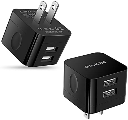 AILKIN Dual Port USB Wall Charger Pack – 2.4 A Fast Charging Power Cube for i Phone 15/14/13/12 Pro Max & Samsung Devices – Compact Travel Adapter for Simultaneous Device Charging – Sleek White Design for Home & Office Use
