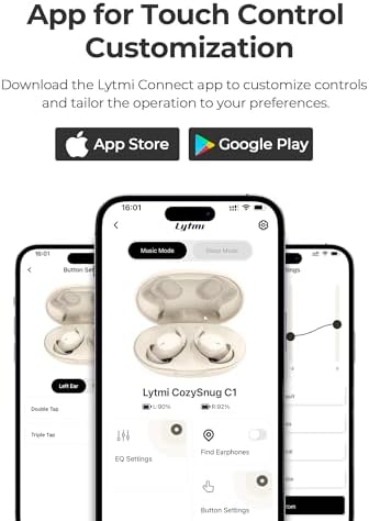 Lytmi Cozy Snug C1 Sleep Earbuds – Premium Bluetooth 5.3 Noise-Canceling Headphones Designed for Side Sleepers, Customizable Fit with Three Ear Tip Sizes, 21-Hour Playtime, App-Controlled for Tailored Relaxation, Ultra-Compact Design for Uninterrupted Sleep Bliss