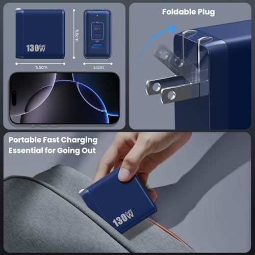 High-Power 130 W USB-C Charger Block | 3-Port Ga N Fast Charging Station | Compact Foldable Type C Wall Charger for Laptop, i Phone 16/15, i Pad Pro & Galaxy Series | Efficient PD QC Charging Solution for On-the-Go Connectivity