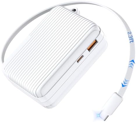 Compact 10,000 m Ah USB-C Power Bank with Retractable Cable – Fast Charging Dual Output Battery Pack for Android Devices, TSA-Compliant Travel Charger with Built-In Safety Features and Convenient Carry Loop for On-the-Go Power