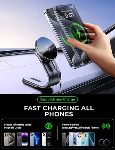 Mag Safe Magnetic Car Charger Mount: 15 W Wireless Fast Charging Holder with Adjustable Aluminum Arm for i Phone – Secure Grip and Optimal Viewing for Every Journey