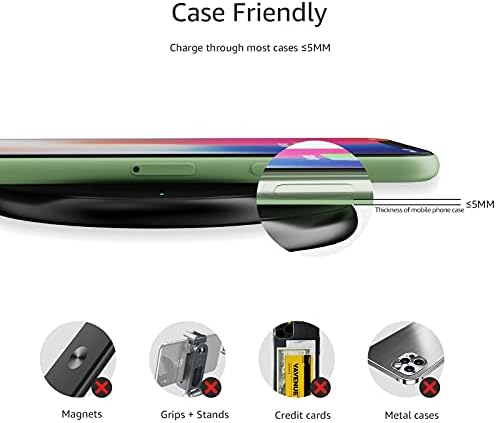 Streamlined 15 W Qi-Certified Wireless Charging Pad by Amazon Basics for i Phone & Samsung – Ultra-Fast Charging, Case-Friendly with Non-Slip Surface, Elegant Black Finish, Includes USB Cable for Effortless Setup and Stability at Home or Office
