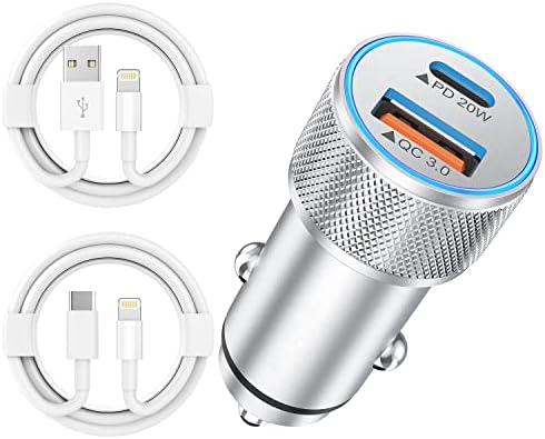 i Phone 14 Dual Port Fast USB C Car Charger | Apple MFi Certified 38 W Quick Charge Adapter with 2 Lightning Cables | Sleek Metal Design for Optimal Durability and Compatibility with i Phone 14, 13 Pro Max, Mini, 12, 11 & Air Pods | Reliable On-the-Go Power Solution for Busy Lifestyles