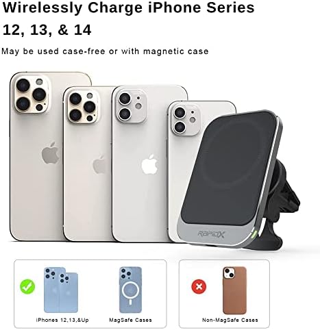 Rapid X Dashio MW1 Magnetic Wireless Charger & Car Vent Mount – 15 W Fast Charging for i Phone 15/14/13/12 & Compatible Android Devices – Effortless Hands-Free Access with Sleek Design & Integrated Safety Features for Ultimate Convenience