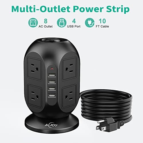 Compact Surge Protector Power Strip Tower with 8 AC Outlets & 4 Fast-Charging USB Ports (1 USB-C) – Aioy 10 FT Flat Plug Extension Cord for Organized Home & Office Use, Black – Ultimate Device Charging Solution for Efficiency and Safety