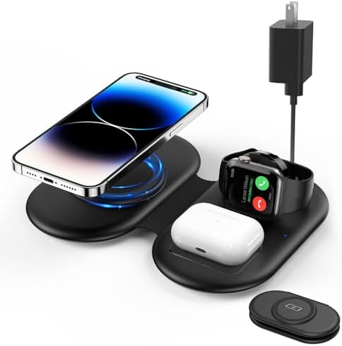 Ultimate 3-in-1 Foldable Wireless Charging Station for Apple Devices – Fast Charger for i Phone 16, 15, 14, 13 Pro Max, Apple Watch, and Air Pods – Portable Power Hub with Overheat Protection and Elegant Black Design – Simplify Your Charging Experience and Stay Connected Anywhere