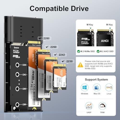 MAIWO M.2 NVMe Dual Bay SSD Cloner – High-Speed 20 Gbps USB-C Enclosure for Effortless Data Duplication, Supports M-Key PCIe NVMe/AHCI Up to 16 TB, Ideal for Seamless Backup and Migration, Compact Design for Ultimate Portability and Efficiency