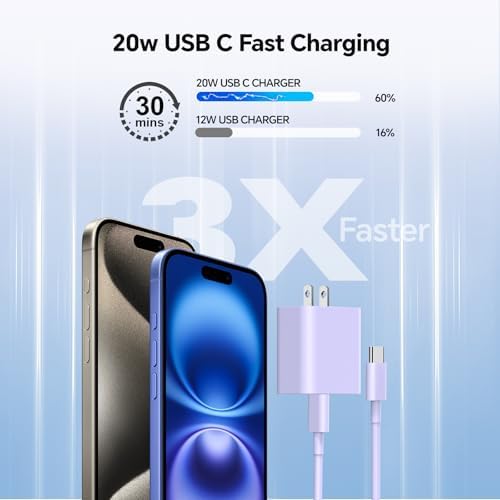 Lightning-Fast 20 W USB-C Wall Charger & 10 FT Cable for i Phone 15/16/Plus/Pro Max – Sleek Pink-Blue Power Adapter for Ultimate Charging Performance and Versatile Use