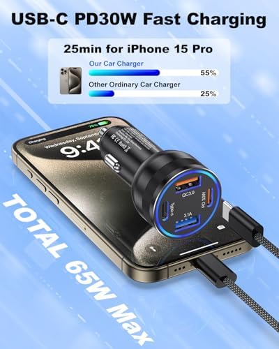 Agtray 65 W 4-Port Fast Charging Car Charger with 6 FT USB C Braided Cable – High-Performance USB C Adapter for i Phone 16, Samsung Galaxy S25, and Pixel 9 – Ultimate Multi-Device Charging Solution for Road Trips and Daily Commutes – Compact, Durable, and Safety-Enhanced Car Accessory