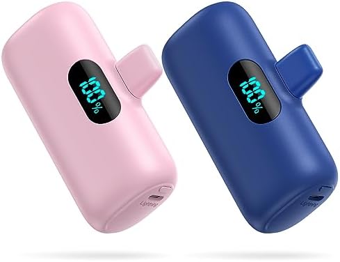 Dual Pack Mini Power Bank for i Phone – 5000 m Ah PD Fast Charging Portable Charger with LCD Display – Stylish Pink and Light Blue Battery Pack for i Phone 14/13/12/11/XR – Perfect for On-the-Go Power Needs and Enhanced Device Compatibility